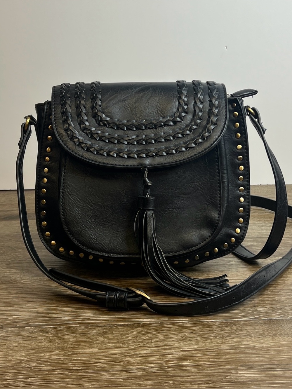 Antik Kraft Black Crossbody Bag Braided Flap Studded Tassel Boho Saddle Bag